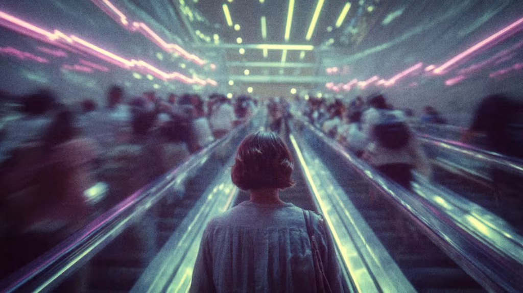 “Uyuyan Kadın” filminden bir sahnede, sırtı kameraya dönük bir kadın figürü ışıklarla dolu bir koridorda kalabalık içinde ilerliyor; Vikki Bardot’un yönettiği yapay zekâ filmi.