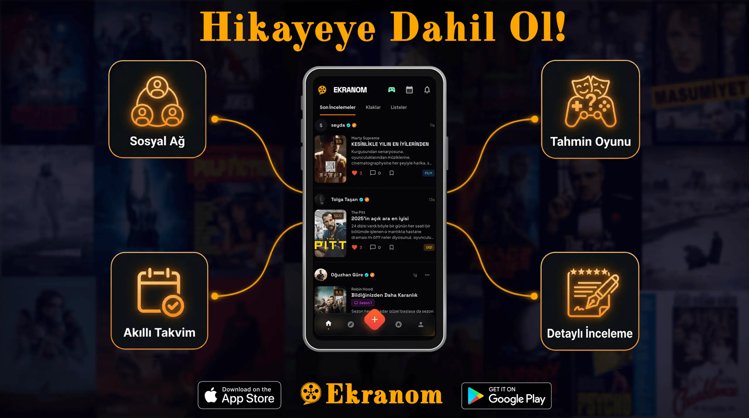 Ekranom mobil uygulamasının tanıtım görseli. Telefon arayüzü üzerinde uygulamadaki sosyal ağ, akıllı takvim, tahmin oyunu, detaylı inceleme özellikleri tanıtılıyor.