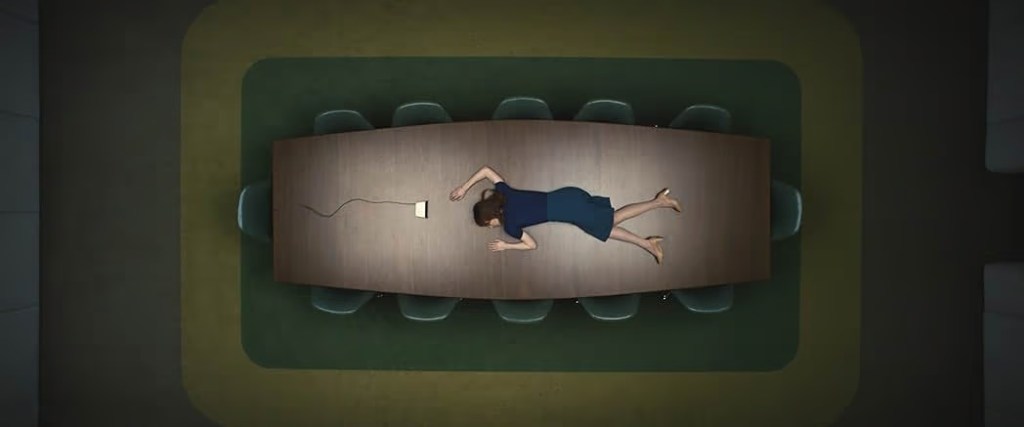 Severance dizisinde Lumon ofisinde üstten çekilmiş toplantı masası sahnesi, steril ve simetrik kompozisyon