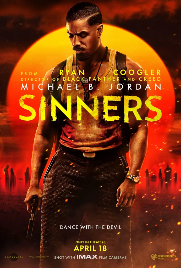 Sinners (2025) film afişi – Ryan Coogler imzalı korku ve dram filminde Michael B. Jordan ikiz kardeşleri canlandırıyor.