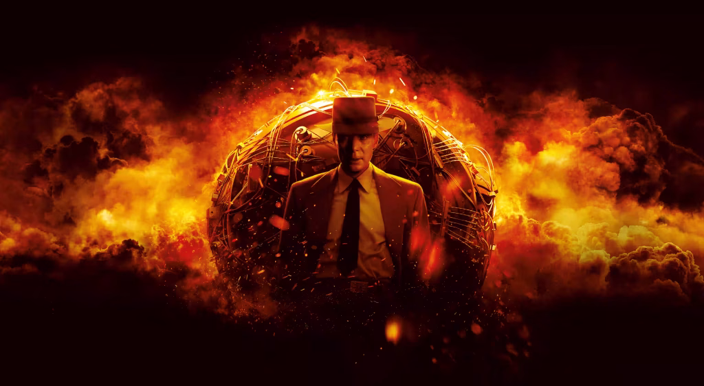Oppenheimer (2023) filminden kapak görseli alevler içinde Oppenheimer