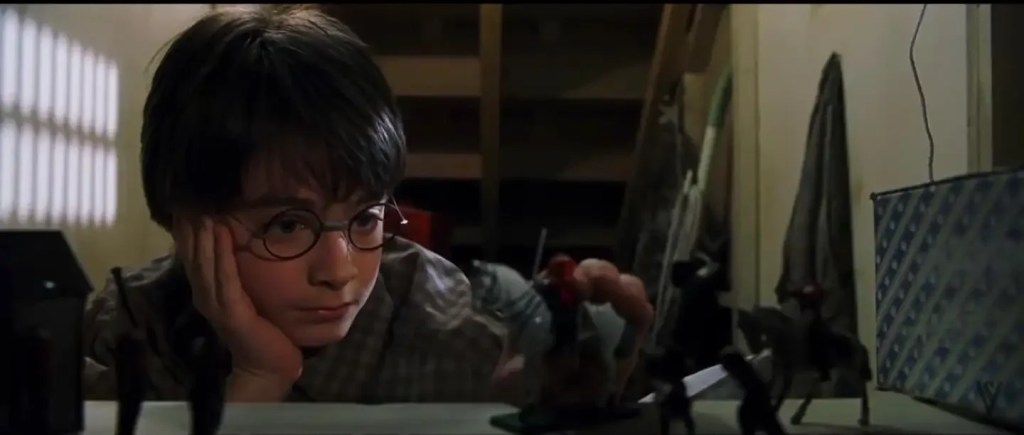 Harry Potter, Dursley ailesinin evindeki merdiven altında bulunan küçük dolapta oturuyor.