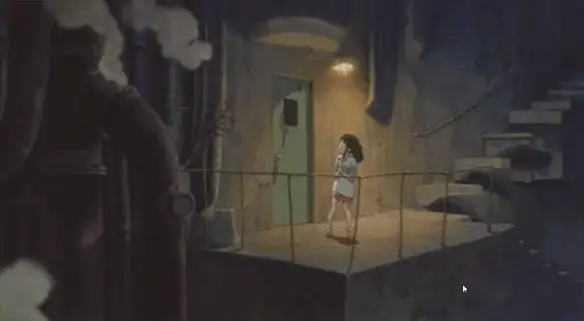 Chihiro, Spirited Away filminde kazan dairesine ulaşmak için eski ahşap merdivenlerden iniyor.
